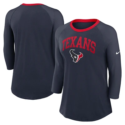 T-shirt Nike bleu marine à manches 3/4 raglan des Houston Texans pour femmes