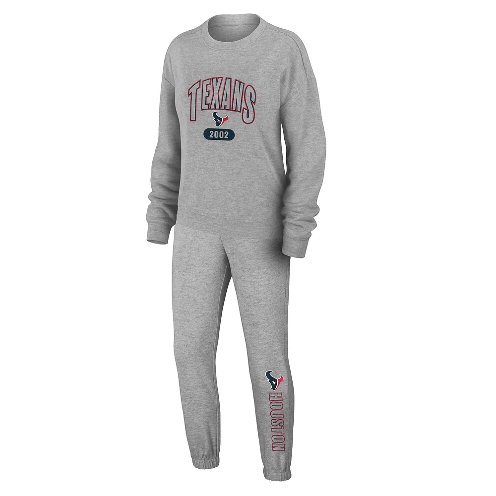 Women's WEAR by Erin Andrews Heather Gray Houston Texans Knit Long Sleeve Tri-Blend T-Shirt & Pants Sleep Set