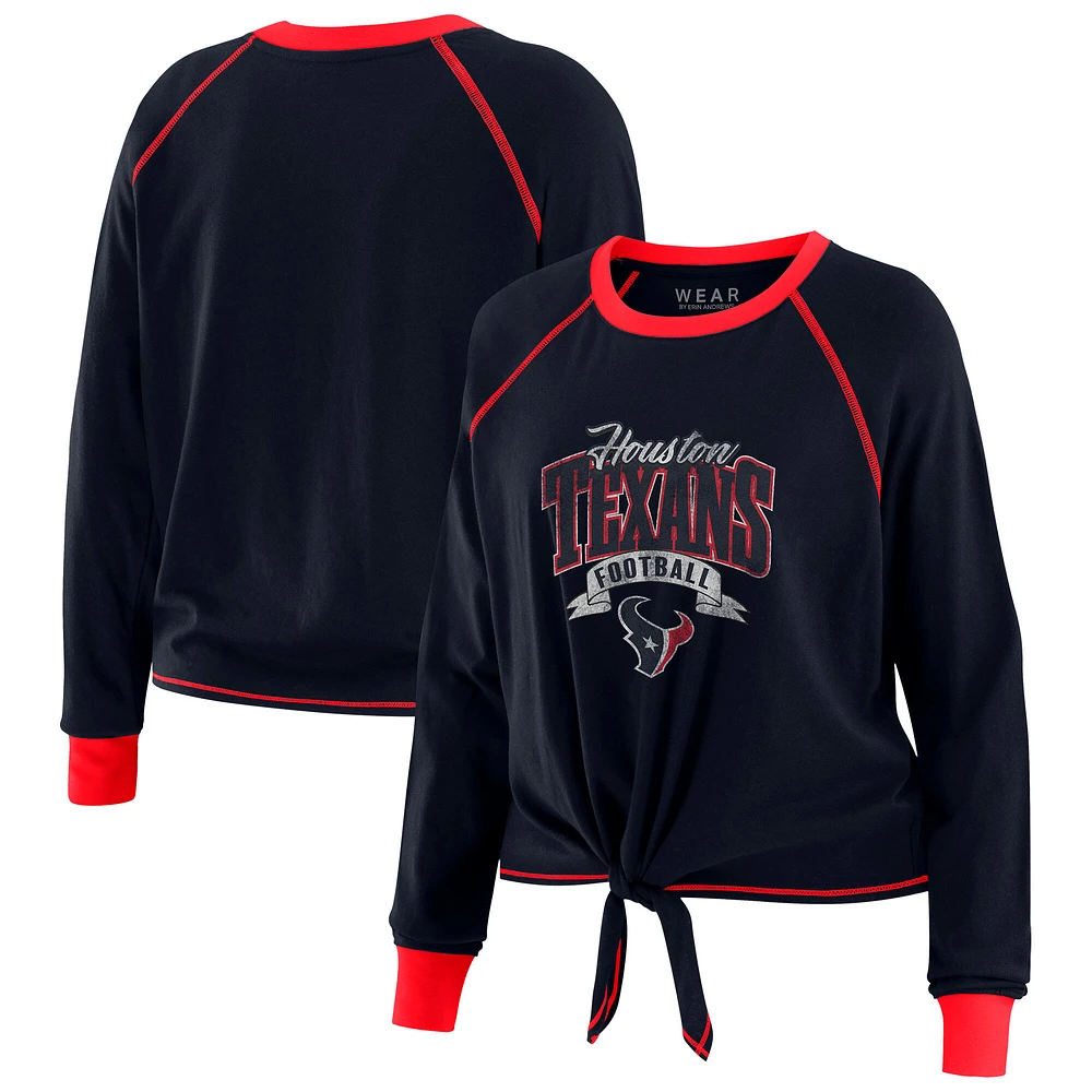 Haut à manches longues noué sur le devant bleu marine/rouge Houston Texans pour femme WEAR by Erin Andrews