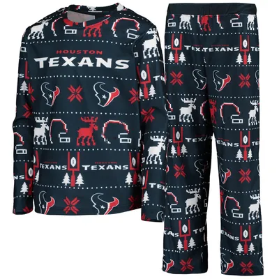 Houston Texans Youth Logo Allover Print Long Sleeve T-Shirt & Pants Holiday Pajamas Sleep Set - Navy