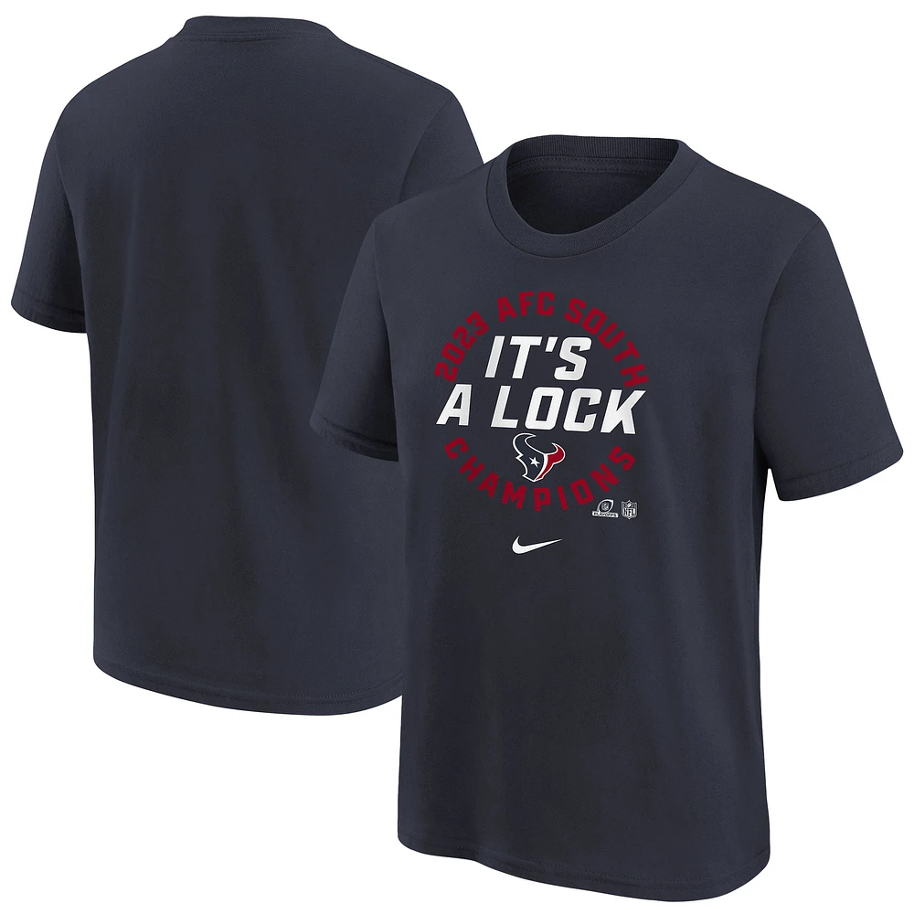 T-shirt Nike bleu marine pour jeunes des Houston Texans 2023 de la collection Trophée Champions Division Sud l'AFC