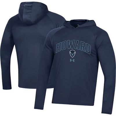 Men's Under Armour Navy Howard Bison 2023 Sideline Tech Hooded Raglan Long Sleeve T-Shirt