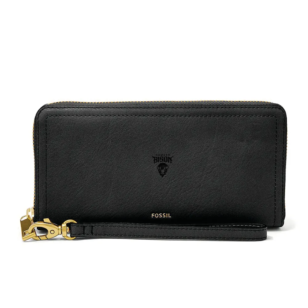 Howard Bison Fossil Women's Leather Logan RFID Zip Around Clutch - Black