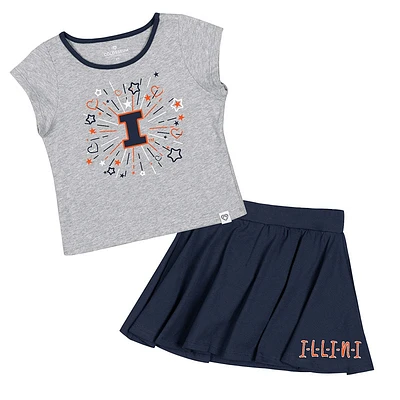 Ensemble deux pièces t-shirt et jupe Colosseum gris chiné/bleu marine pour filles, Illinois Fighting Illini Minds For Molding