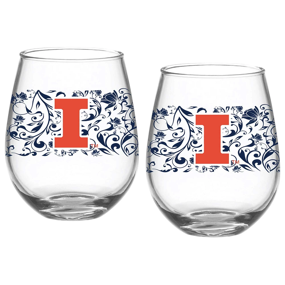 Illinois Fighting Illini Two-Pack 15oz. Floral Stemless Glass Set