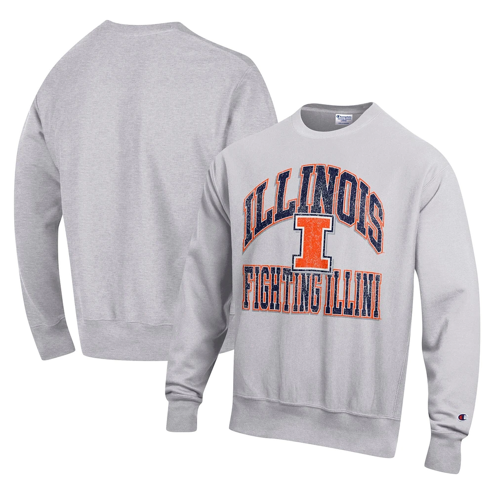 Men's Champion Heather Gray Illinois Fighting Illini Vault Late Night Reverse Weave Pullover Sweatshirt