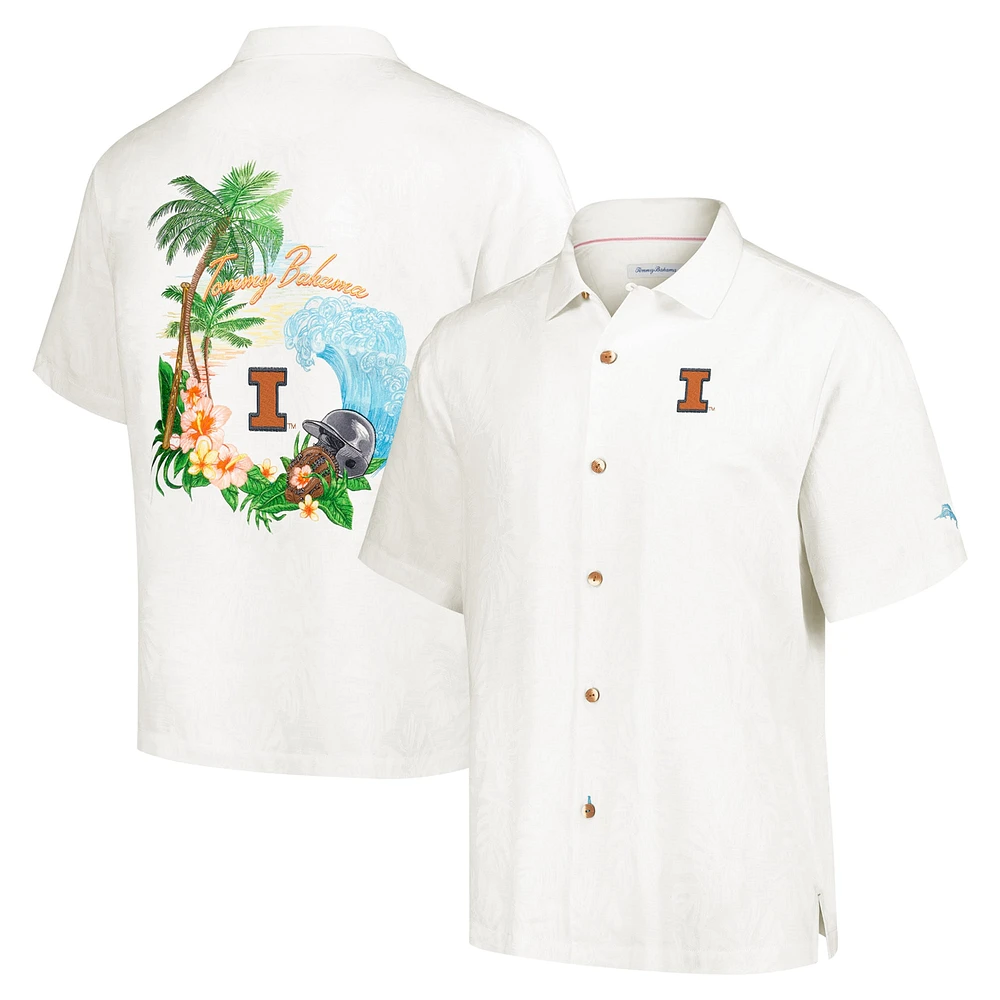 Chemise boutonnée Tommy Bahama crème Illinois Fighting Illini Castaway Game Camp pour hommes