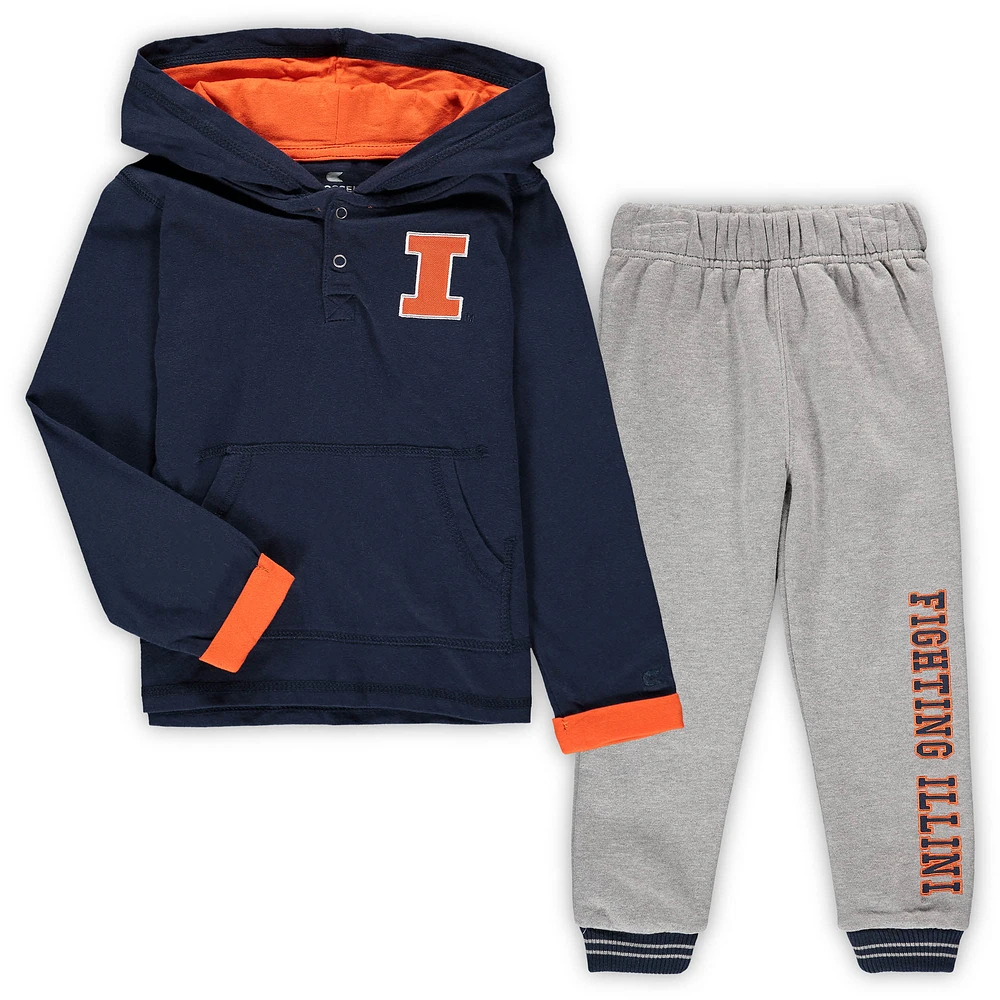 Ensemble sweat à capuche et pantalon de survêtement Colosseum Navy/Heathered Grey Illinois Fighting Illini Poppies pour tout-petits