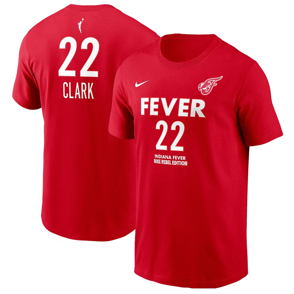 T-shirt unisexe Nike Caitlin Clark Red Indiana Fever 2024 WNBA Draft Rebel Edition avec nom et numéro de joueur