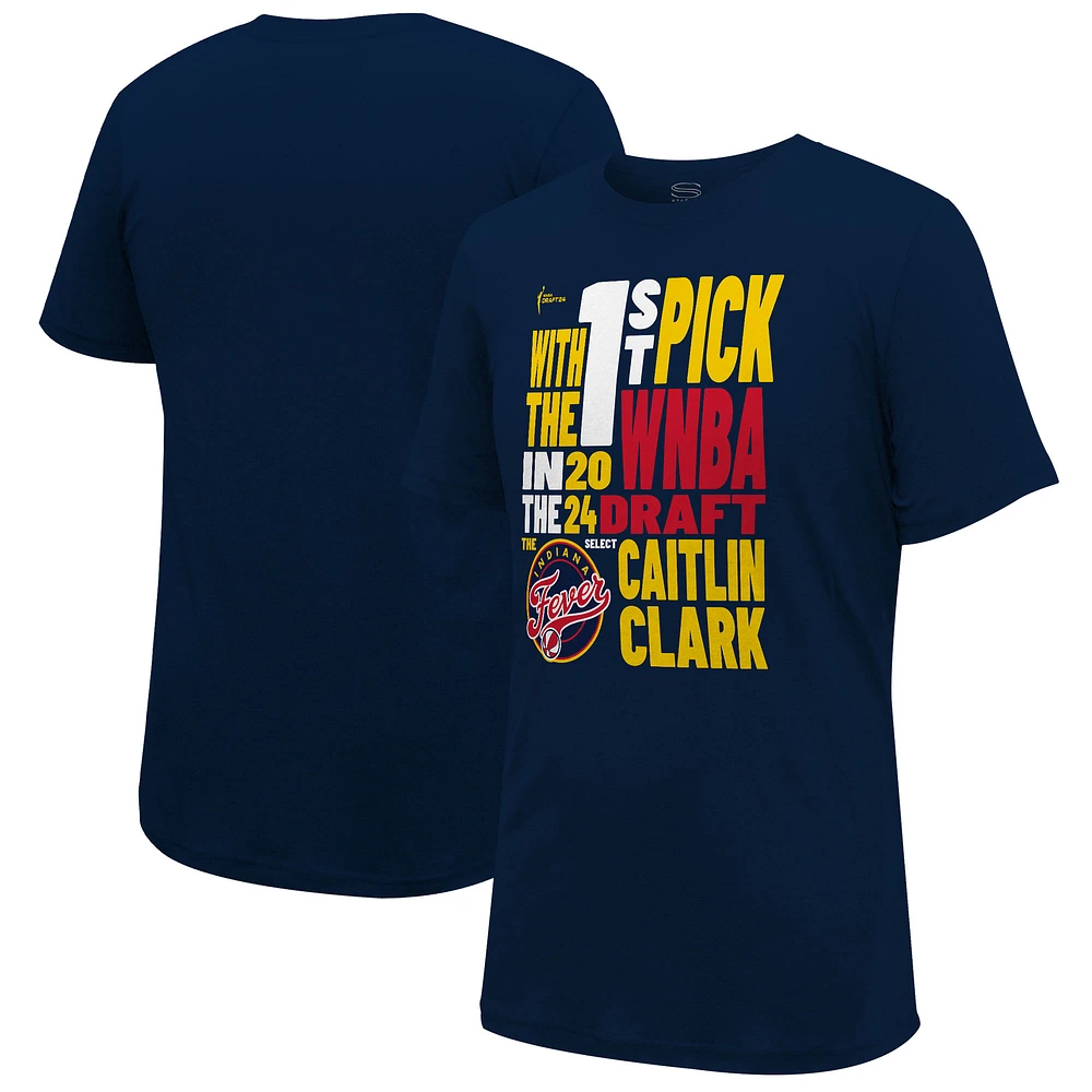 T-shirt unisexe Stadium Essentials Caitlin Clark Navy Indiana Fever 2024 WNBA Draft First Pick Verbiage