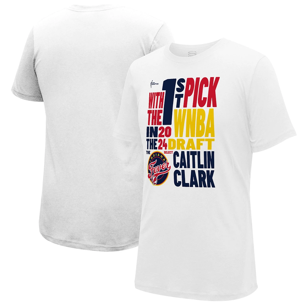 T-shirt unisexe Stadium Essentials Caitlin Clark White Indiana Fever 2024 WNBA Draft First Pick Verbiage