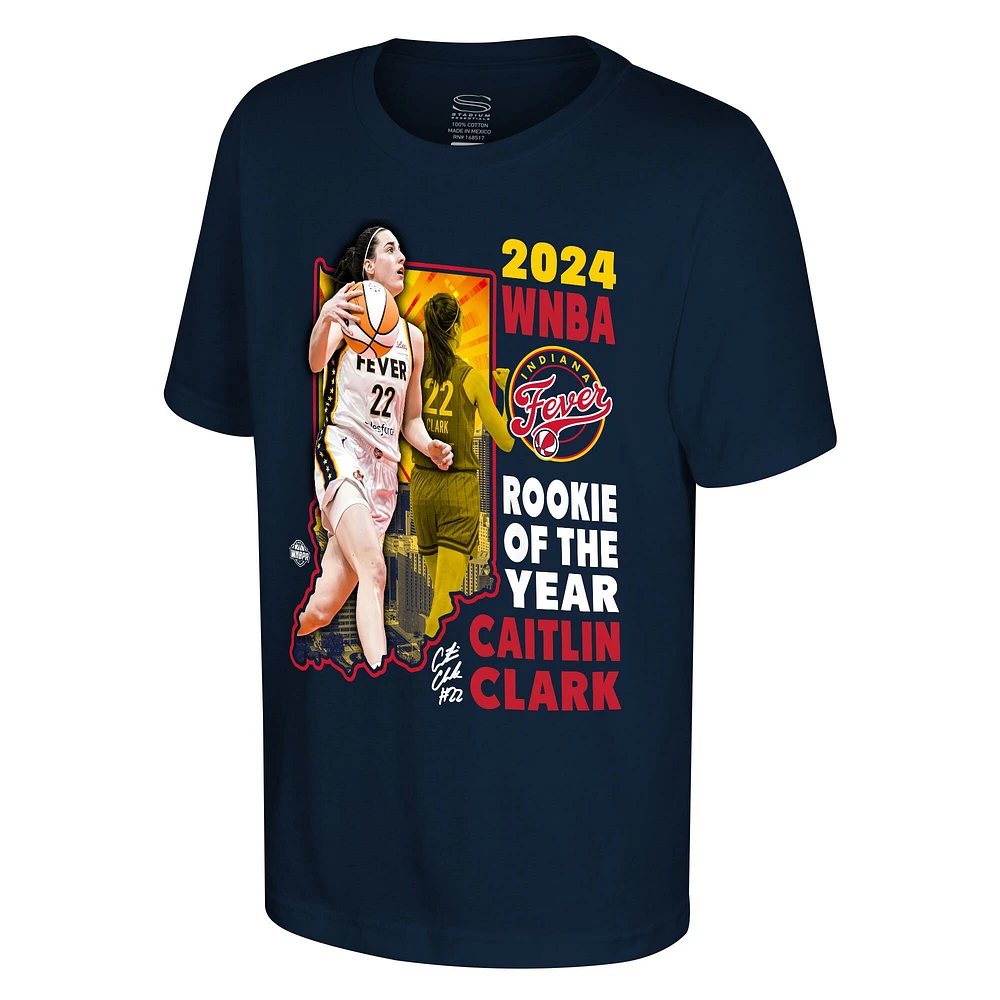 T-shirt de recrue l'année 2024 WNBA Indiana Fever Caitlin Clark Navy Youth Stadium Essentials