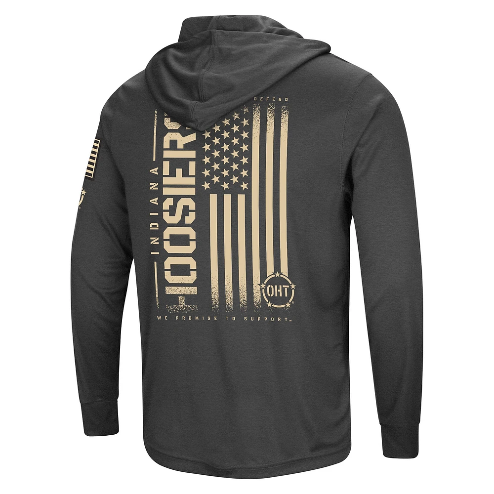 T-shirt à capuche manches longues pour hommes Colosseum Heather Black Indiana Hoosiers Team OHT Military Appréciation