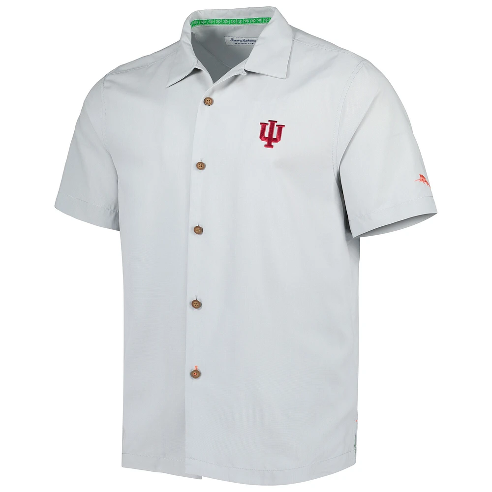 Men's Tommy Bahama Gray Indiana Hoosiers Coconut Point Frondly Fan Camp IslandZone Button-Up Shirt