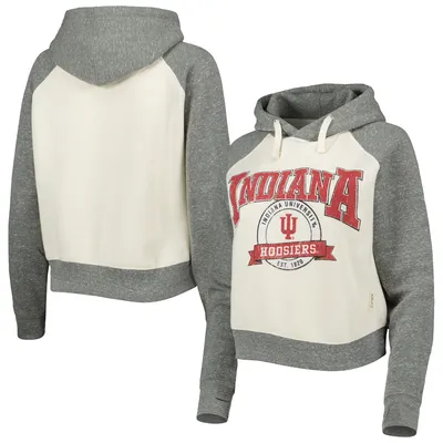 Indiana Hoosiers Pressbox Women's Cody Tri-Bend Raglan Pullover Hoodie - Cream/Heather Gray