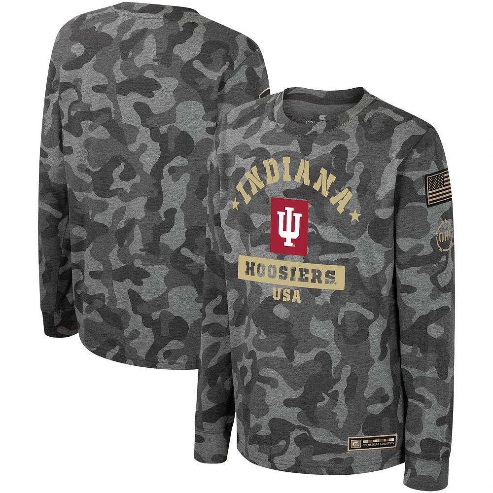 T-shirt à manches longues pour jeunes Colosseum Camo Indiana Hoosiers OHT Appréciation militaire Dark Star