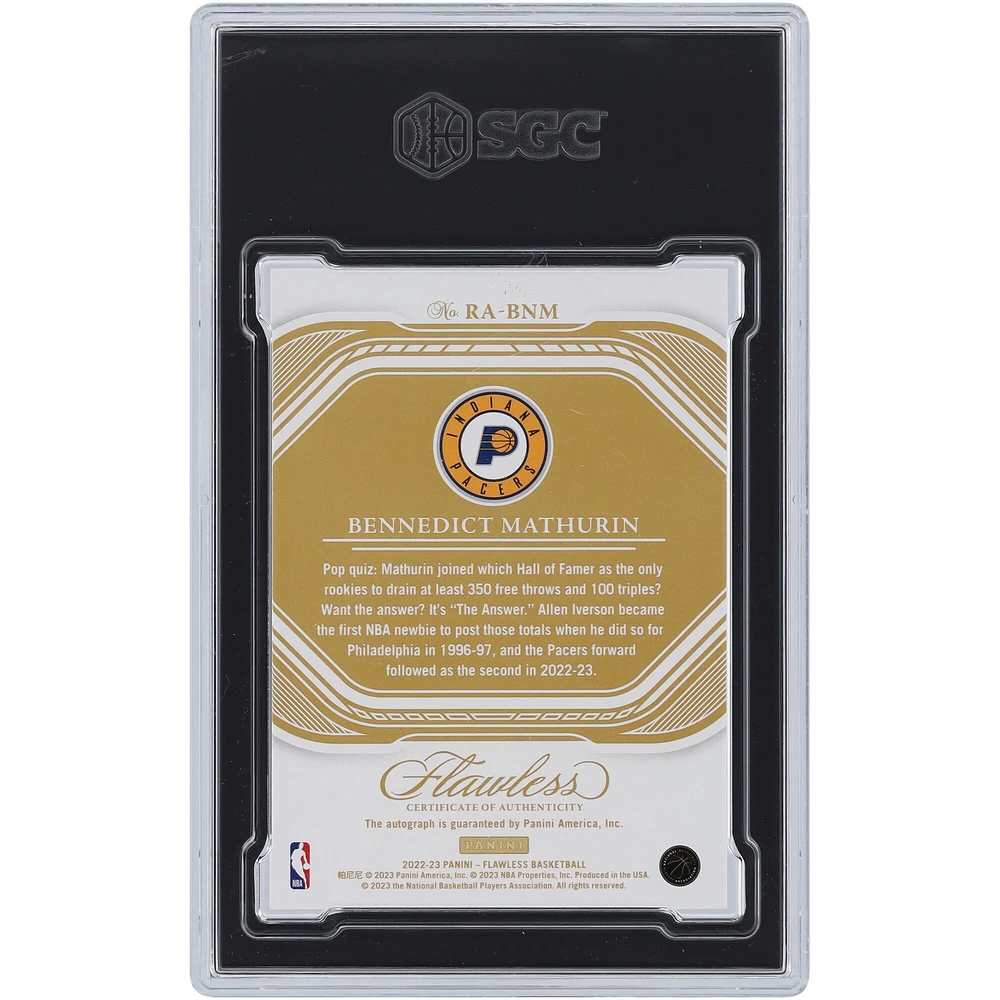 Bennedict Mathurin Indiana Pacers Autographed 2022-23 Panini Flawless Gold #RA-BNM #4/10 SGC Authenticated 9.5/10 Rookie Card 