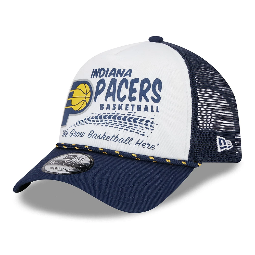 Casquette de camionneur A-Frame 9FORTY à imprimé dévoré New Era pour hommes, blanc/bleu marine, Indiana Pacers