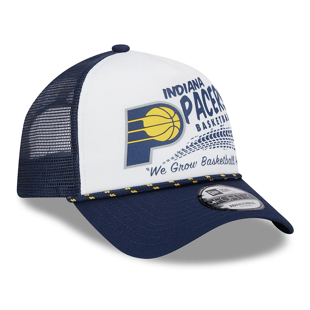 Men's New Era White/Navy Indiana Pacers  Burnout Print A-Frame 9FORTY Trucker Hat