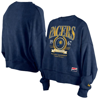Women's New Era  Navy Indiana Pacers Throwback Vintage Enzyme Wash Oversized Boxy Pullover Sweatshirt