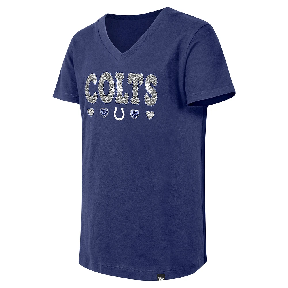 T-shirt à col en V sequins pour jeunes filles New Era Royal Indianapolis Colts