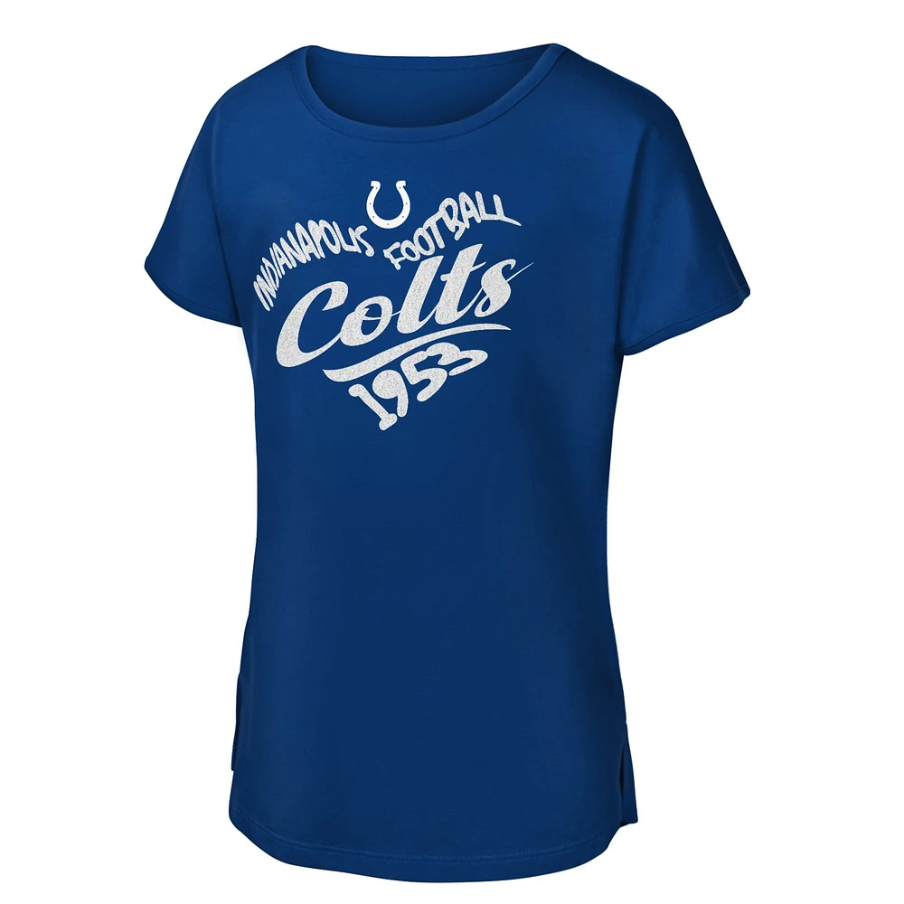 Girls Youth Royal Indianapolis Colts Script Heart Dolman T-Shirt