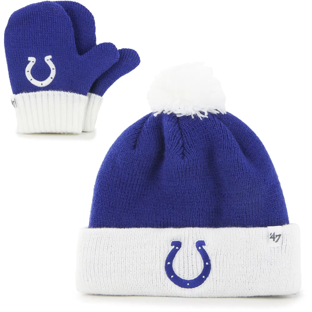 Bonnet en tricot Bam Bam à revers avec pompon et mitaines pour bébé '47 Royal/White Indianapolis Colts