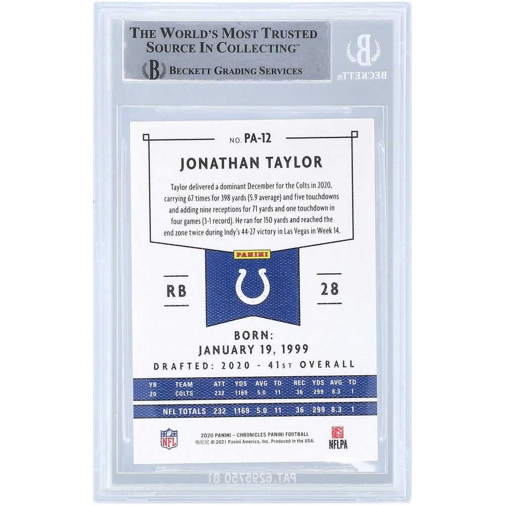 Carte de recrue authentifiée autographiée par Jonathan Taylor Indianapolis Colts 2020 Panini Chronicles #PA-12 Beckett Fanatics