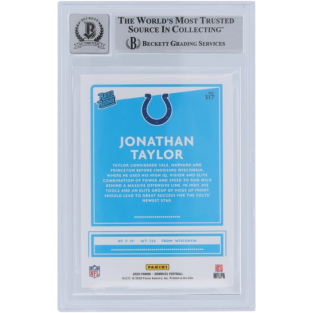 Jonathan Taylor Indianapolis Colts Carte Rookie 9/10 authentifiée 2020 Panini Donruss Rated #317 Beckett Fanatics Witnessed Carte Rookie 9/10 authentifiée avec inscription « Horse Power »