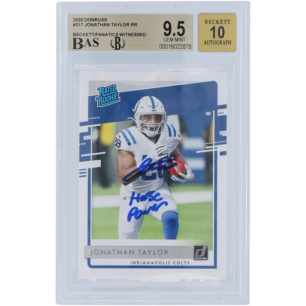 Jonathan Taylor Indianapolis Colts Carte Rookie authentifiée 9,5/10 de Beckett Fanatics 2020 autographiée par Panini Donruss avec inscription « Horse Power »