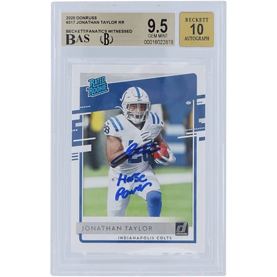 Jonathan Taylor Indianapolis Colts Carte Rookie authentifiée 9,5/10 de Beckett Fanatics 2020 autographiée par Panini Donruss avec inscription « Horse Power »