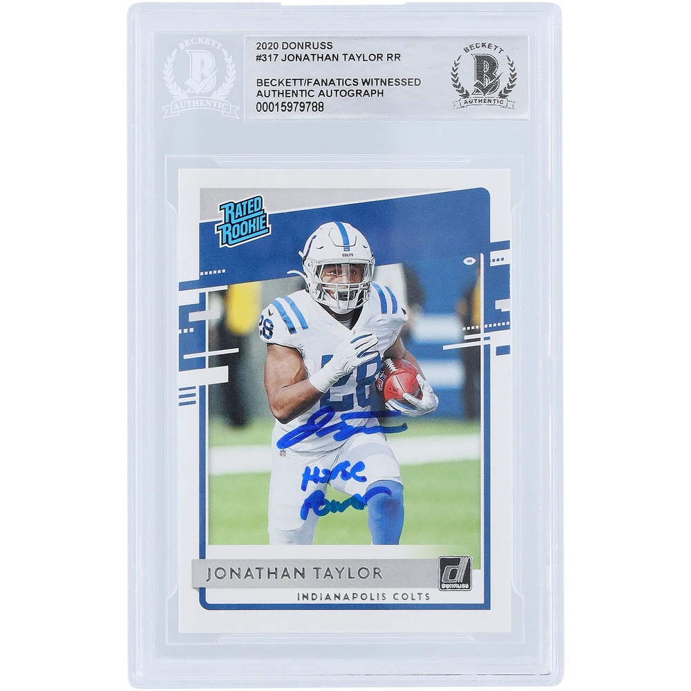 Jonathan Taylor Indianapolis Colts Carte de recrue authentifiée Panini Donruss 2020 autographiée #317 Beckett Fanatics avec inscription « Horse Power »