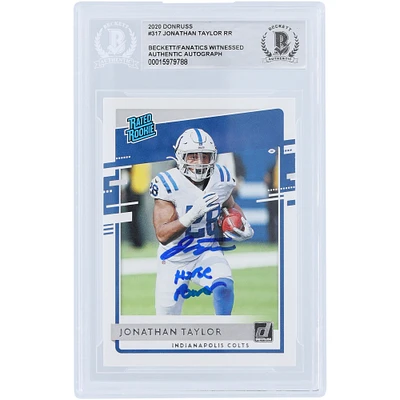 Jonathan Taylor Indianapolis Colts Carte de recrue authentifiée Panini Donruss 2020 autographiée #317 Beckett Fanatics avec inscription « Horse Power »