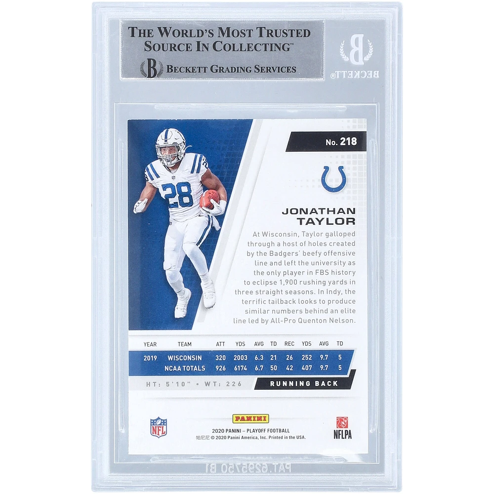Jonathan Taylor Indianapolis Colts Carte de recrue authentifiée dédicacée Panini Playoff 2020 #218 Beckett Fanatics avec l'inscription "Horse Power"
