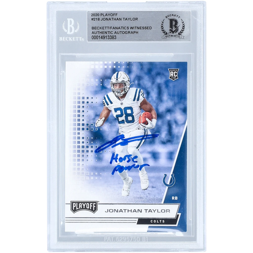 Jonathan Taylor Indianapolis Colts Carte de recrue authentifiée dédicacée Panini Playoff 2020 #218 Beckett Fanatics avec l'inscription "Horse Power"
