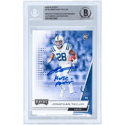 Jonathan Taylor Indianapolis Colts Carte de recrue authentifiée dédicacée Panini Playoff 2020 #218 Beckett Fanatics avec l'inscription "Horse Power"