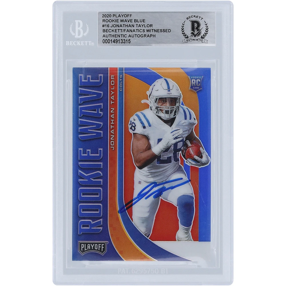 Carte de recrue authentifiée autographiée par Jonathan Taylor Indianapolis Colts 2020 Panini Playoff Rookie Wave Blue Prizm #RW-16 Beckett Fanatics