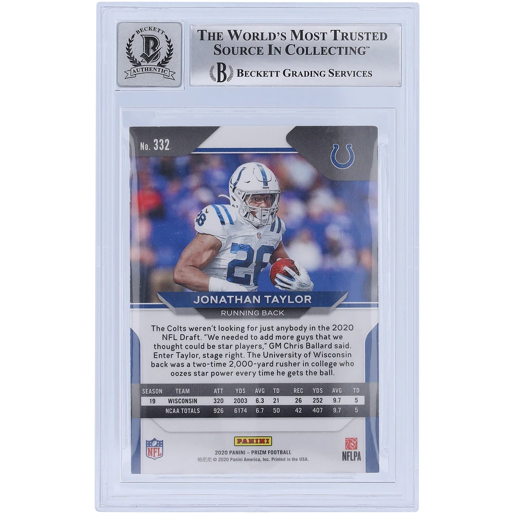 Carte de recrue Panini Prizm #332 2020 autographiée par Jonathan Taylor Indianapolis Colts Beckett Fanatics Witnessed Authenticated 10 Rookie