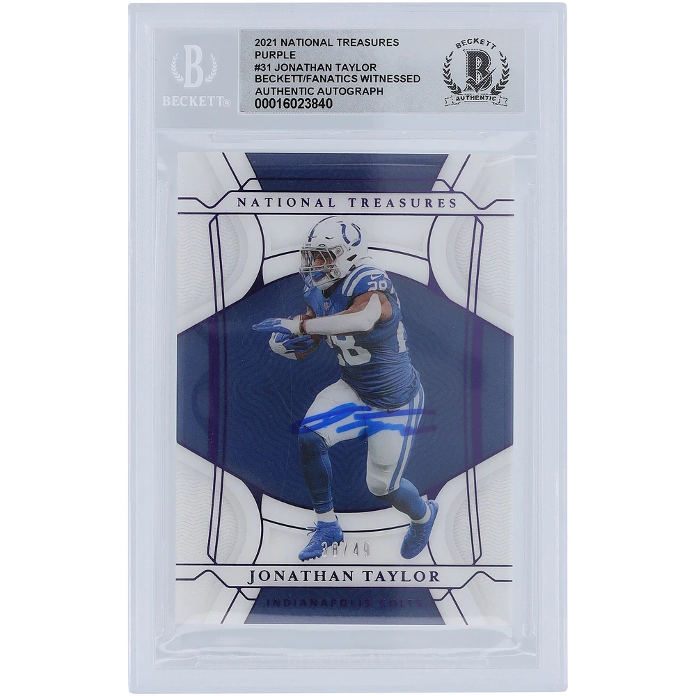 Carte Panini National Treasures Purple #31 #/49 Beckett Fanatics Witnessed Authenticated 10 de Jonathan Taylor Indianapolis Colts autographiée 2021