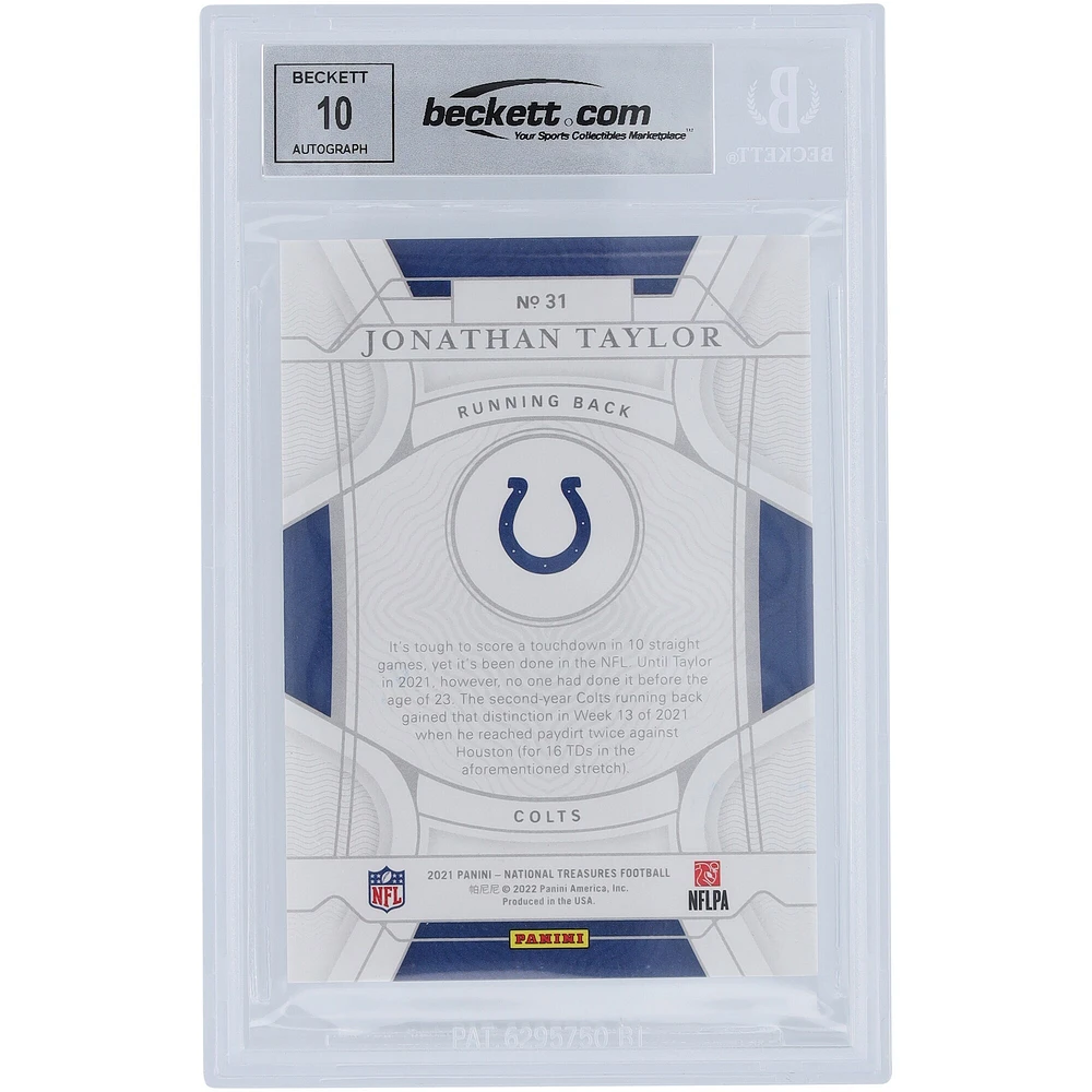 Carte Panini National Treasures Purple #31 #/49 Beckett Fanatics Witnessed Authenticated 10 de Jonathan Taylor Indianapolis Colts autographiée 2021