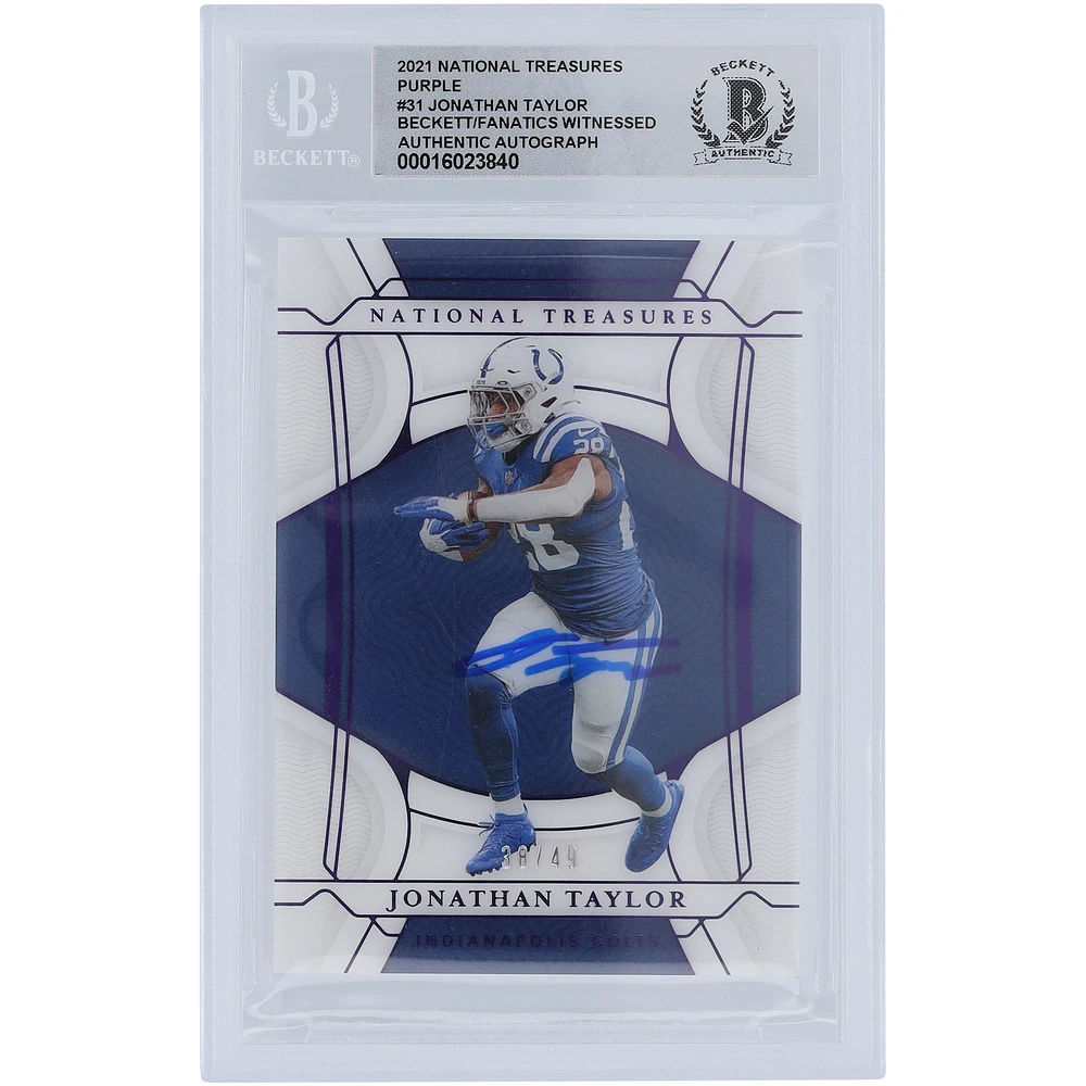 Carte Panini National Treasures Purple #31 #/49 Beckett Fanatics Witnessed Authenticated 10 de Jonathan Taylor Indianapolis Colts autographiée 2021
