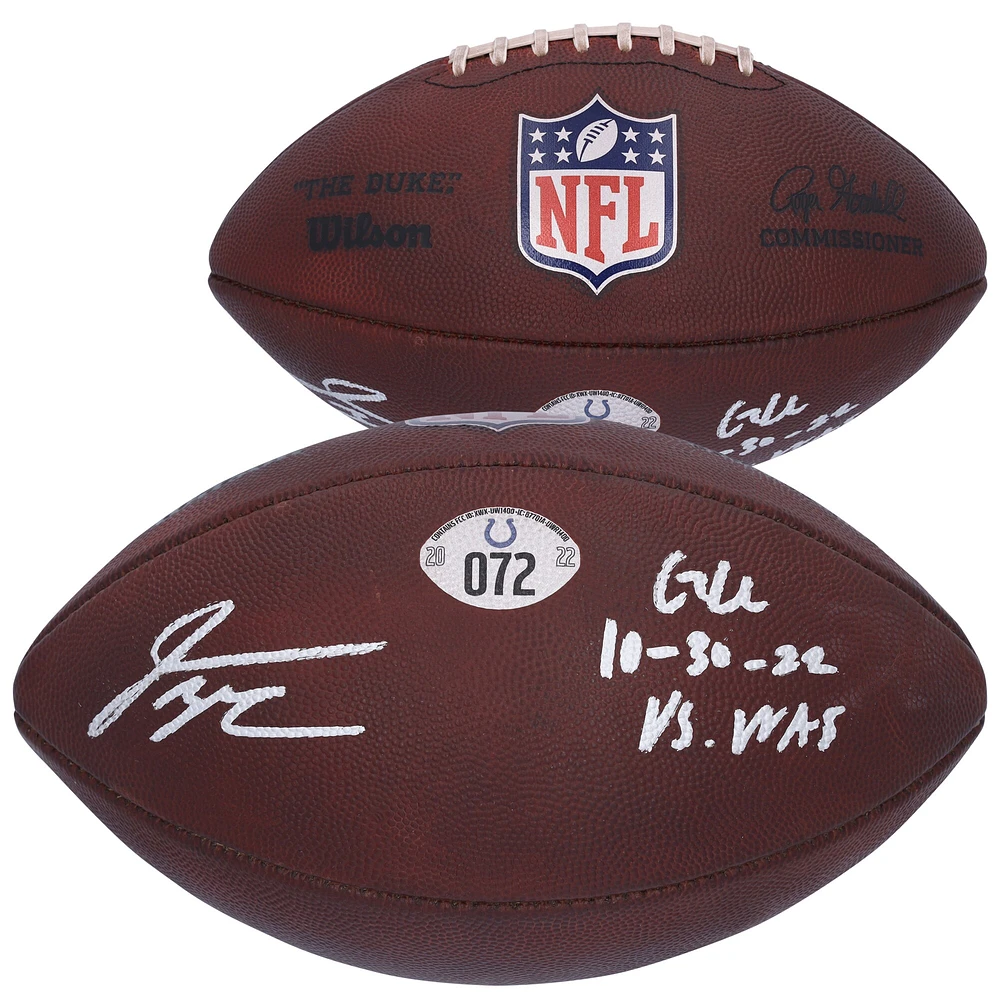 V106832 COLT Jonathan Taylor Ballon de football autographié Indianapolis Colts utilisé lors du match contre les Washington Commanders le 30 octobre 2022 avec l'inscription « Game Used » 28 Jonathan Taylor AUTGU FOOTBALL 45714 AUTGMUEQU GUFBFB7618 #1
