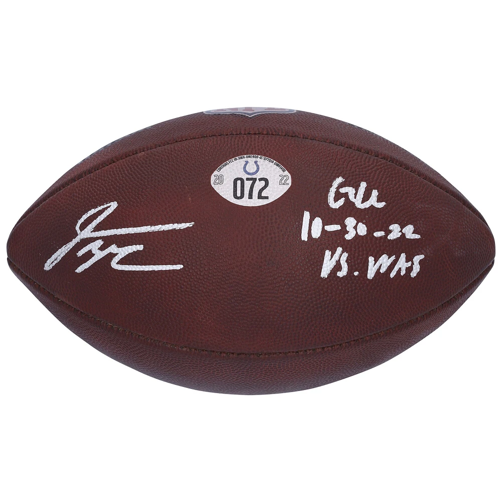 V106832 COLT Jonathan Taylor Ballon de football autographié Indianapolis Colts utilisé lors du match contre les Washington Commanders le 30 octobre 2022 avec l'inscription « Game Used » 28 Jonathan Taylor AUTGU FOOTBALL 45714 AUTGMUEQU GUFBFB7618 #1