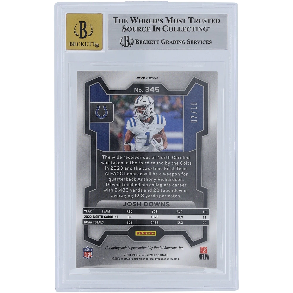 Josh Downs Indianapolis Colts Autographed 2023 Panini Prizm Gold Prizm #345 #7/10 BGS Authenticated 9/10 Rookie Card - 8.5,9,9,9 Subgrades