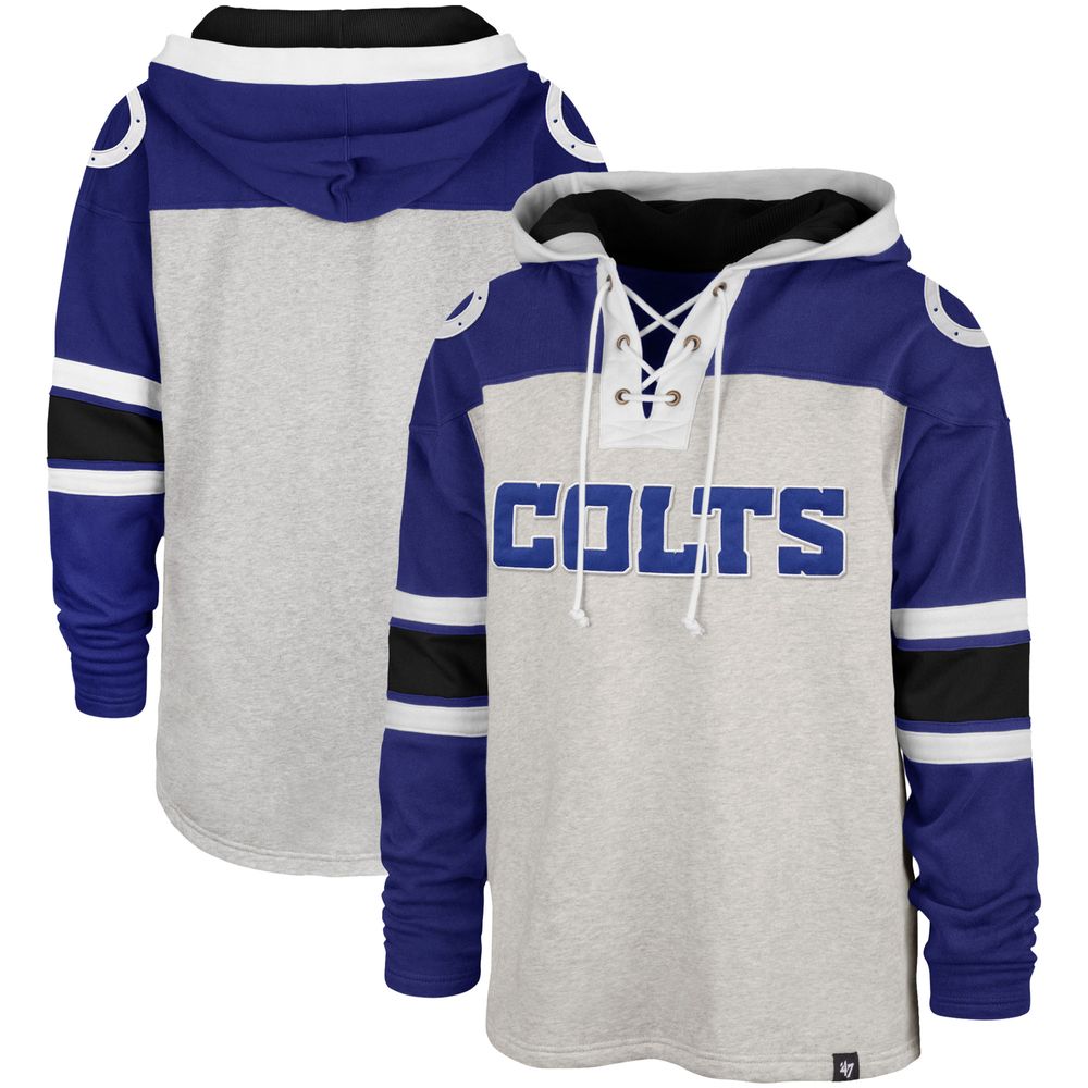 Men's '47 Heathered Gray/Royal Indianapolis Colts Gridiron Lace-Up - Pullover Hoodie