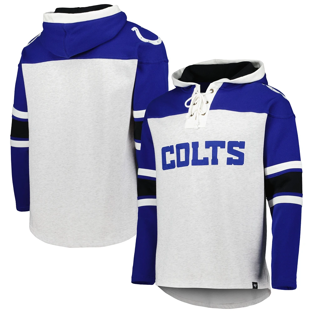 Men's '47 Indianapolis Colts Heather Gray Gridiron Lace-Up Pullover Hoodie