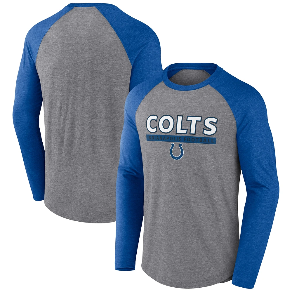 Men's Fanatics Heather Gray/Royal Indianapolis Colts Tri-Blend Raglan Long Sleeve T-Shirt