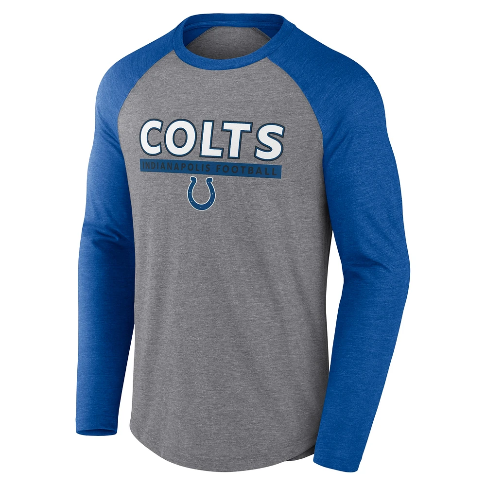 T-shirt à manches longues raglan tri-mélangé Fanatics gris chiné/Royal Indianapolis Colts pour hommes