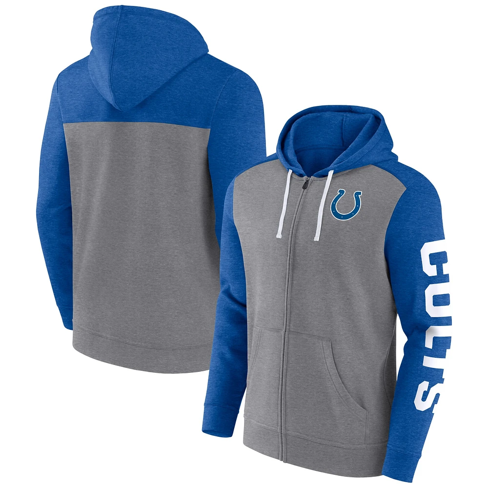 Sweat à capuche entièrement zippé pour hommes Fanatics Heather Grey Indianapolis Colts Down and Distance