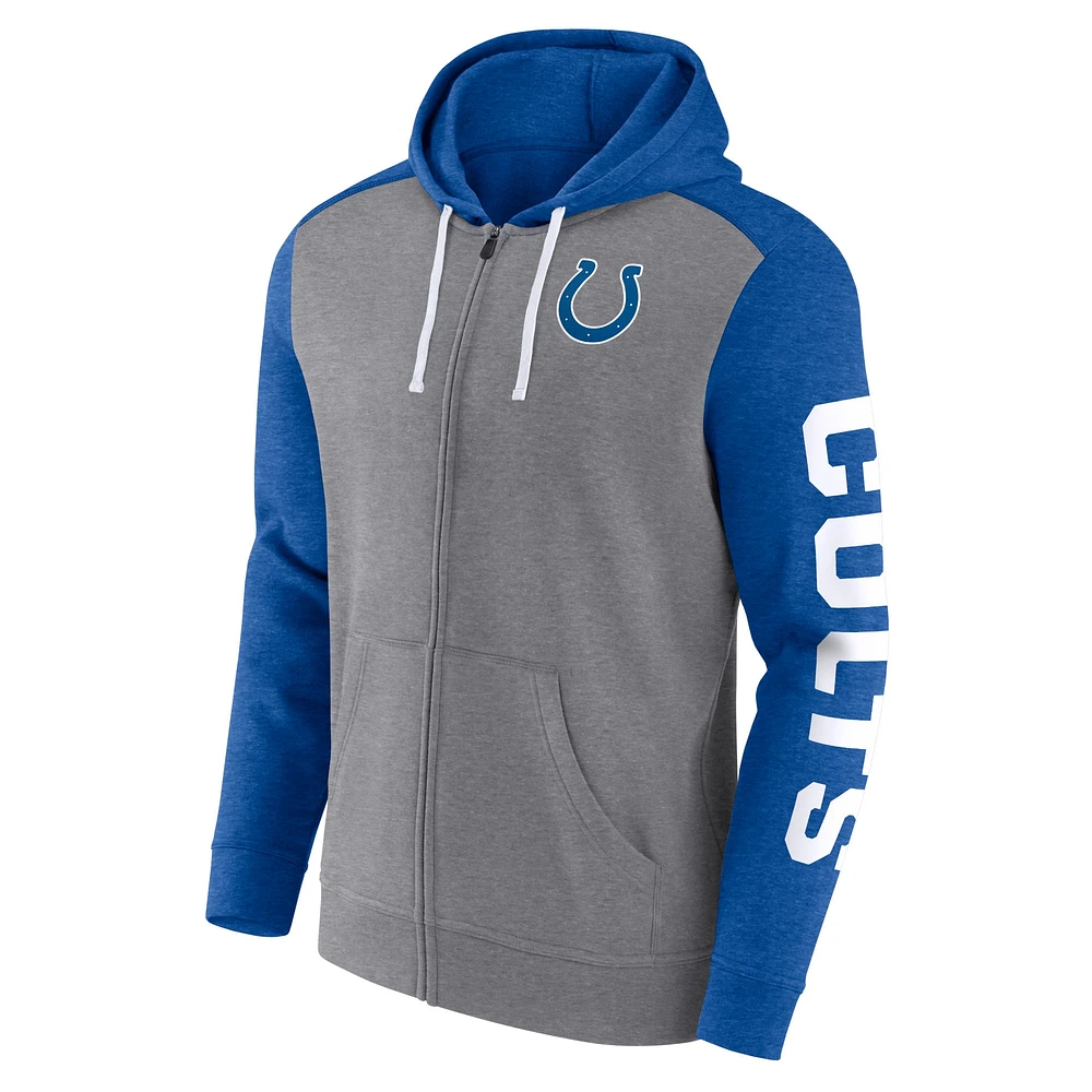 Sweat à capuche entièrement zippé pour hommes Fanatics Heather Grey Indianapolis Colts Down and Distance